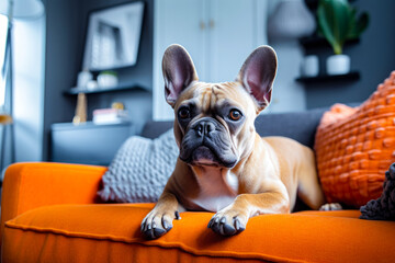 Adorable French bulldog looking and lying on couch at home. Dog in city apartments. Generative AI