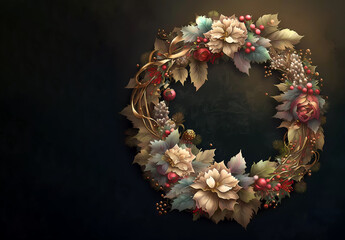 Christmas wreath with flowers. Christmas wreath. AI generated