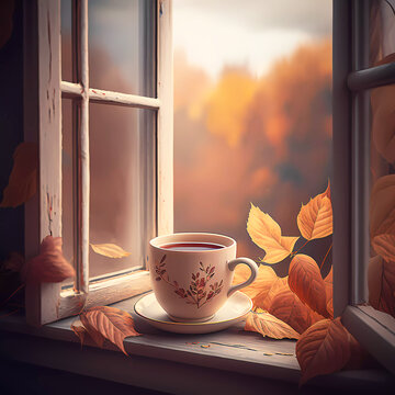 Autumn. Cup of  tea on the window. Autumn outside the window. AI generated