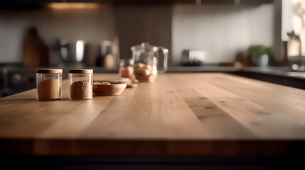 Step into a world of captivating minimalism with our latest photography masterpiece. Behold the beauty of an empty brown wooden tabletop, perfectly placed against a blurred, defocused modern kitchen 