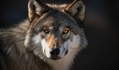  a close up of a wolf's face with a black background.  generative ai