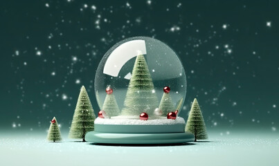Minimalist Christmas trees and balls under snow in a glass dome. AI generative