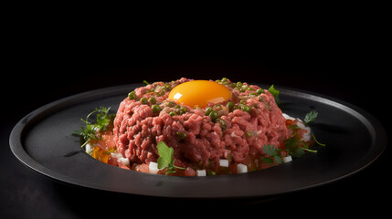 Indulge in a culinary delight with our tantalizing plate featuring a raw minced meat tartare, accompanied by a single raw red egg delicately placed on top.