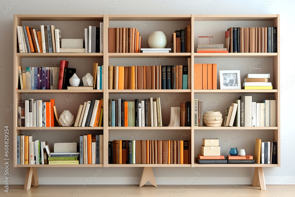 Poster light bookshelf full of books, background modern bookshelf, generative ai