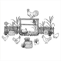 Happy chicken clipart. Farm Animals, Rooster, Hen, Bio Eggs, Coop, Chicks, Nest, Eco Village. Isolated elements. Stock illustration. Hand painted, line art.