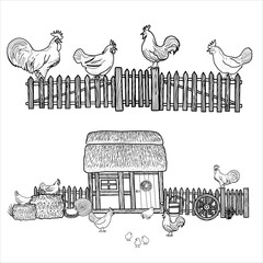 Happy chicken clipart. Farm Animals, Rooster, Hen, Bio Eggs, Coop, Chicks, Nest, Eco Village. Isolated elements. Stock illustration. Hand painted, line art.