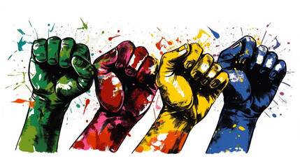 multi coloured fists punching upwards, unity, anti racismn concept,  Created using generative AI tools.