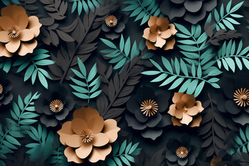 Golden Harmony: 3D Flower Arrangement on Black Background. Generative AI
