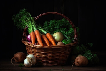 Wicker basket with vegetables on dark wooden background. Raw potatoes, onions, carrots and bunches green. Concept harvest. Flat lay composition. AI