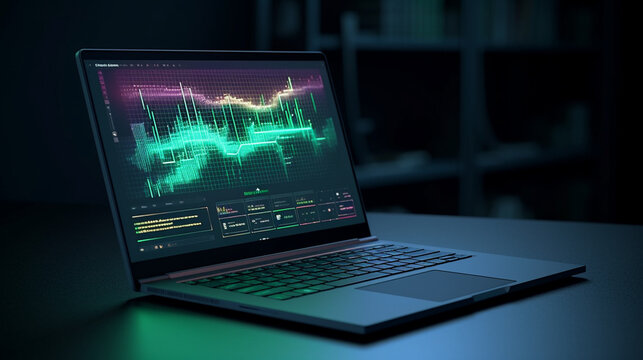 Laptop computer with sample spreadsheets, graph, document on the screen,  Created using generative AI tools.