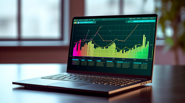 Laptop computer with sample spreadsheets, graph, document on the screen,  Created using generative AI tools.
