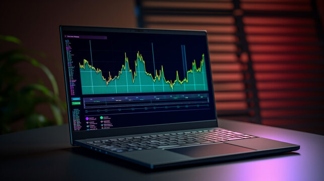 Laptop computer with sample spreadsheets, graph, document on the screen,  Created using generative AI tools.