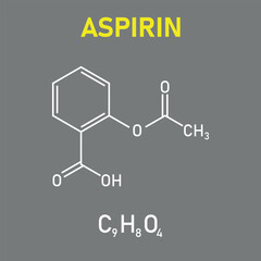 Chemical structure of Aspirin or Acetylsalicylic acid (C9H8O4). Chemical resources for teachers and students. Vector illustration isolated on white background.