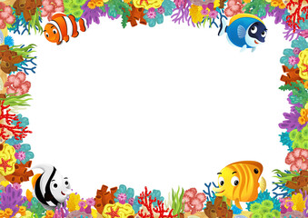Obraz premium cartoon scene with coral reef and happy fishes swimming near isolated illustration for children