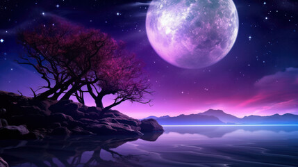 Beautiful Night Sky Epic Fantasy Landscape of Purple Galaxies Moonlit Reflection, Fantasy Wallpaper Tree lined Oceans, Night Landscape AI generative	