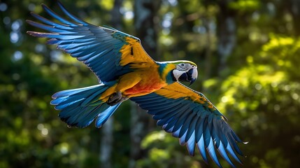 blue and yellow macaw ara flying among the jungle © Artem