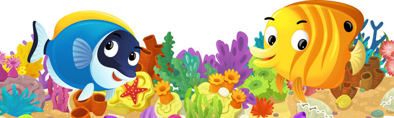 cartoon scene with coral reef and happy fishes swimming near isolated illustration for children