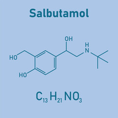 Chemical structure of Salbutamol or albuterol (C13H21NO3). Chemical resources for teachers and students. Vector illustration isolated on white background.