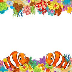 cartoon scene with coral reef and happy fishes swimming near isolated illustration for children