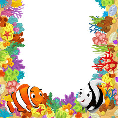 cartoon scene with coral reef and happy fishes swimming near isolated illustration for children