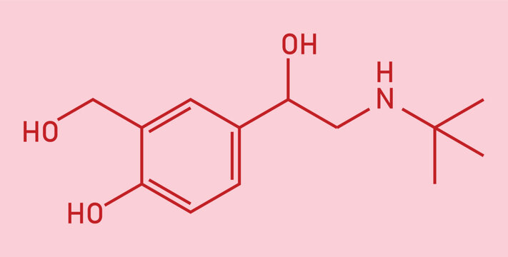 Chemical structure of Salbutamol or albuterol (C13H21NO3). Chemical resources for teachers and students. Vector illustration isolated on white background.