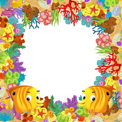 cartoon scene with coral reef and happy fishes swimming near isolated illustration for children
