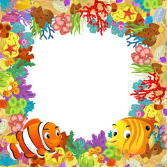 cartoon scene with coral reef and happy fishes swimming near isolated illustration for children