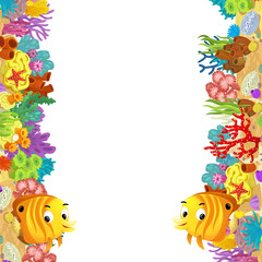 cartoon scene with coral reef and happy fishes swimming near isolated illustration for children