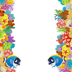 cartoon scene with coral reef and happy fishes swimming near isolated illustration for children