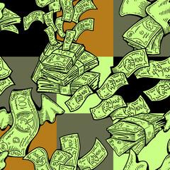 Money seamless vector pattern background for print design. Hundred dollars banknotes, a lot of cash for finance. economy, business success theme. Hand drawn line illustration, cartoon style drawing.