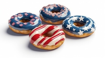 Fototapeta na wymiar assortment of donuts with icing with american flag pattern on icing on white background. donut day in USA. Generative AI