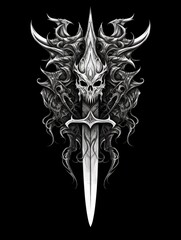 Demon sword black and white. Print for T-shirts. Generative AI - obrazy, fototapety, plakaty