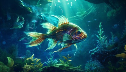 Fototapeta na wymiar A beautiful exotic fish swims in the ocean, against the backdrop of corals and reefs. Golden hut on the lake. Created with the help of AI.
