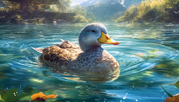 A duck swims in a crystal clear pond. Created with AI.