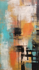 Spectacular watercolor painting of an abstract urban, cityscape, skyscraper scene in orange and teal