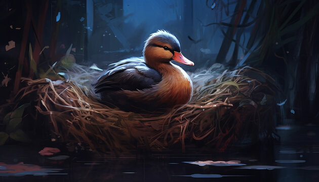 Mother duck in the night nest on the pond. The drake builds a nest for offspring. Created with AI.