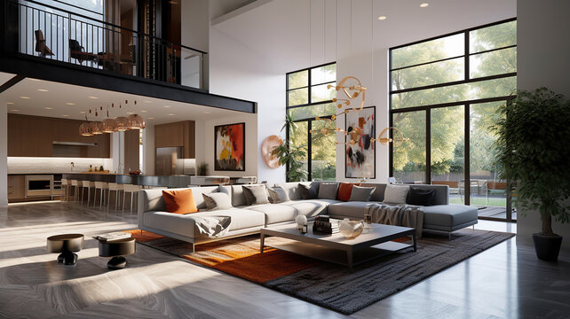 Fototapeta Large modern luxury living room interior in Bellevue home. Generative Ai