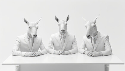 Portraits of three white kangaroos, rams or sheep in suits at the table discuss politics and world news. Generative AI.
