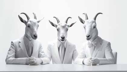 Portraits of three goats, rams or sheep in suits at the table discuss politics and world news. Generative AI. - obrazy, fototapety, plakaty