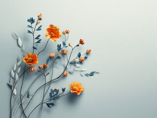 Orange flowers on light blue plain background, simplicity. Generative AI.