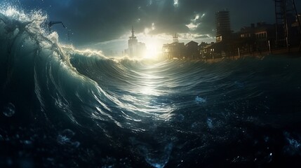 Mega Tsunami is approaching a big city, huge ocean waves after an earthquake in the fault of the earth. Created with AI.