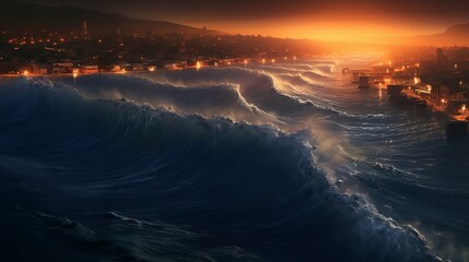 Mega Tsunami is approaching a big city, huge ocean waves after an earthquake in the fault of the earth. Created with AI.