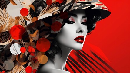 portrait of a beautiful woman in a hat on red background, high contrast paper art collage. Generative AI.