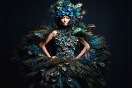 Woman wearing a surreal dress made of peacock feathers created with generative AI technology.