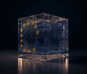 blue cube with the emblem of the European Union on a dark background. Generative AI