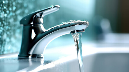 Faucet and water drop close up. Bathroom interior with sink and water tap. Generative Ai