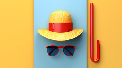 Minimalistic composition on a plain background, colorful popsicle, a sun hat, and a pair of sunglasses, Generated AI