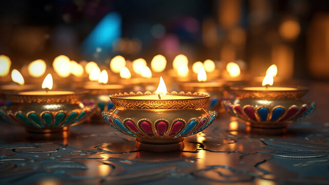 Happy Diwali, Diya lamps lit during diwali celebration. Generative Ai