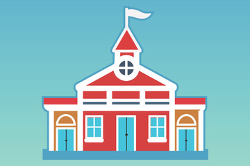 School with a green lawn. Icon. Flat vector illustration isolated on Any color of the background, School building in flat style. Modern school, college building. Vector illustration