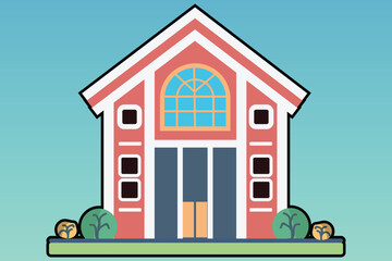 School with a green lawn. Icon. Flat vector illustration isolated on Any color of the background, School building in flat style. Modern school, college building. Vector illustration